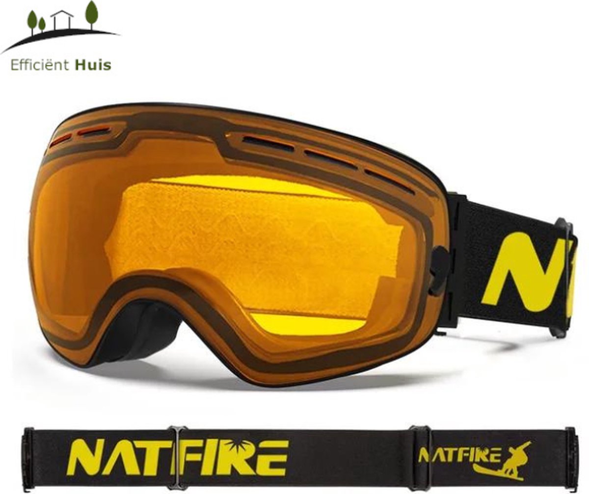 Natfire - Ultieme Skibril - Oranje - UV-bescherming - Geschikt voor brildragers - Anti-Mist - Ventilatie - UV400