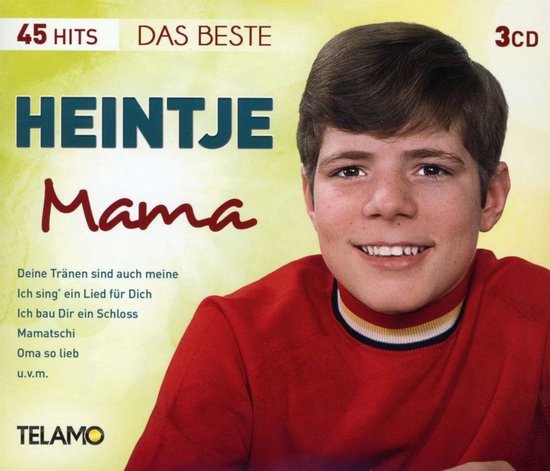 Jeune homme aux cheveux bruns, pull rouge avec rayures bleues et jaunes, souriant. Titre : "45 Hits Das Beste Heintje Mama".