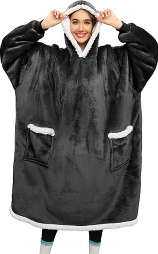 Hoodie deken dames oversized sweatshirt deken unisex sherpa hooded deken oversized hoodie winter geschenk volwassenen flanel hoodies zachte gezellige warme reuzenhoodie trui - Zwart