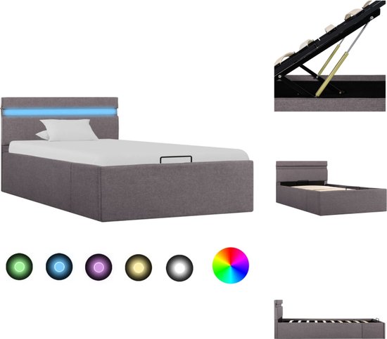 vidaXL Bedframe Hydraulisch - Eenpersoons - Taupe - 100x200 cm - Opbergvak - LED-strip - Bed