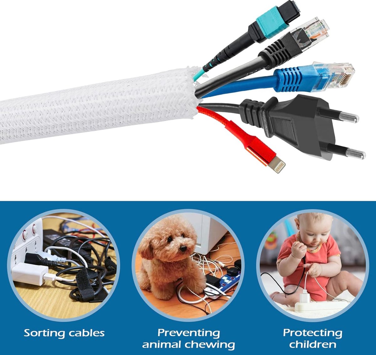 Kabelmantel, 3 m, verstelbare kabelafdekking, diameter 13 mm, zacht, gevlochten kabelmanagement, bescherming voor honden, stofdicht, voor auto, tv (wit)