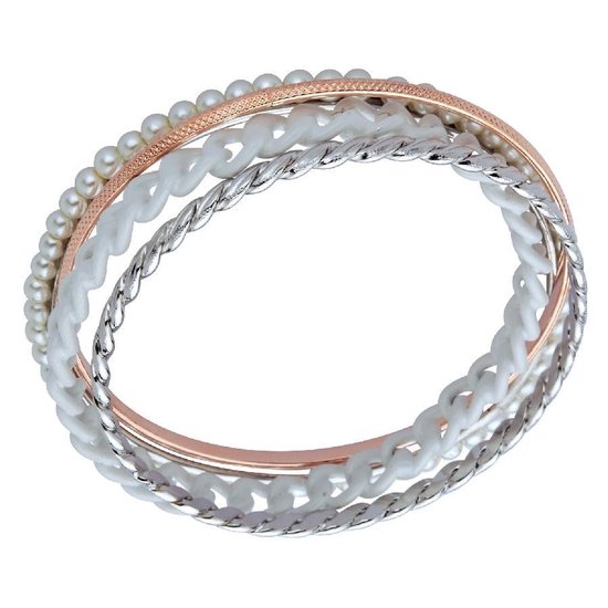 Behave Armbanden set - setje van verschillende bangles - wit - zilver kleur - rosé -19cm