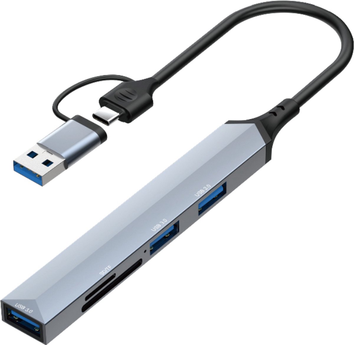 KOUVOLSEN USB-C 3.0 Hub - usb-c hub - 5 in 1 - Type-C - USB splitter - Splitter - SD/TF kaartlezers - Incl. USB-A converter - 20cm kabel - Zwart - Geschikt voor Windows, Mac OS, Linux - KOS-9026