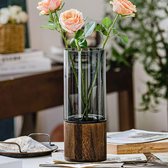 Glazen bloemenvaas, moderne cilindervaas, handgemaakte kristalheldere glazen vaas met houten sokkel, bloemenbloem, plantencontainer voor thuis, kantoor, decoratie, cadeau voor bruiloft