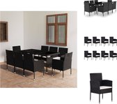 vidaXL Poly Rattan Tuinset - 170 x 80 x 74 cm - zwart - PE-rattan en staal - glas tafelblad - 8 stoelen - crèmewit kussen - Tuinset