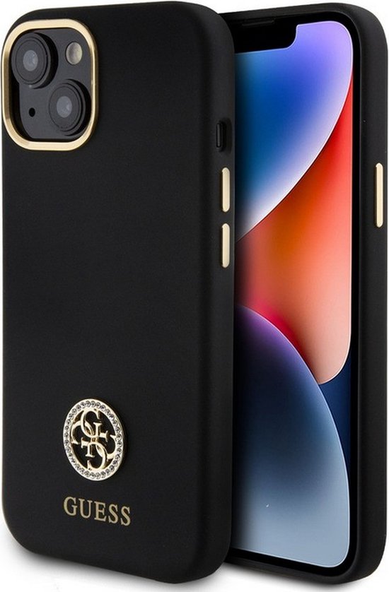 Guess 4G Strass Silicone Metal Logo Back Cover - Geschikt voor Apple iPhone 15 (6.1") - Zwart