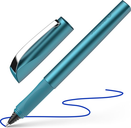 Turquoise rollerball pen met zilveren clip en blauw schrijvend, Schneider logo op de schacht.