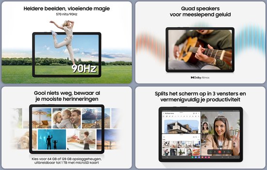 Afbeeldingen van de functies van de Samsung Galaxy Tab A9+ tablet: helder scherm, quad speakers, opslag en split screen.