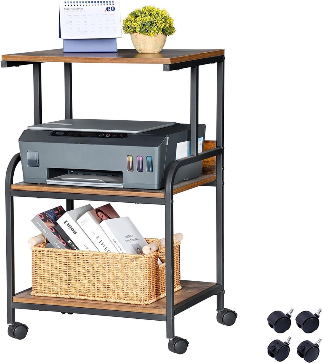 Printer Tafel Printer Trolley met Vergrendelbare Wielen Printer Stand Verrijdbaar met 3 Niveaus Printer Stand met Industrieel Ontwerp voor Kantoor Fax Kopieerapparaat Scanner 50.5 x 40 x 80.5 cm