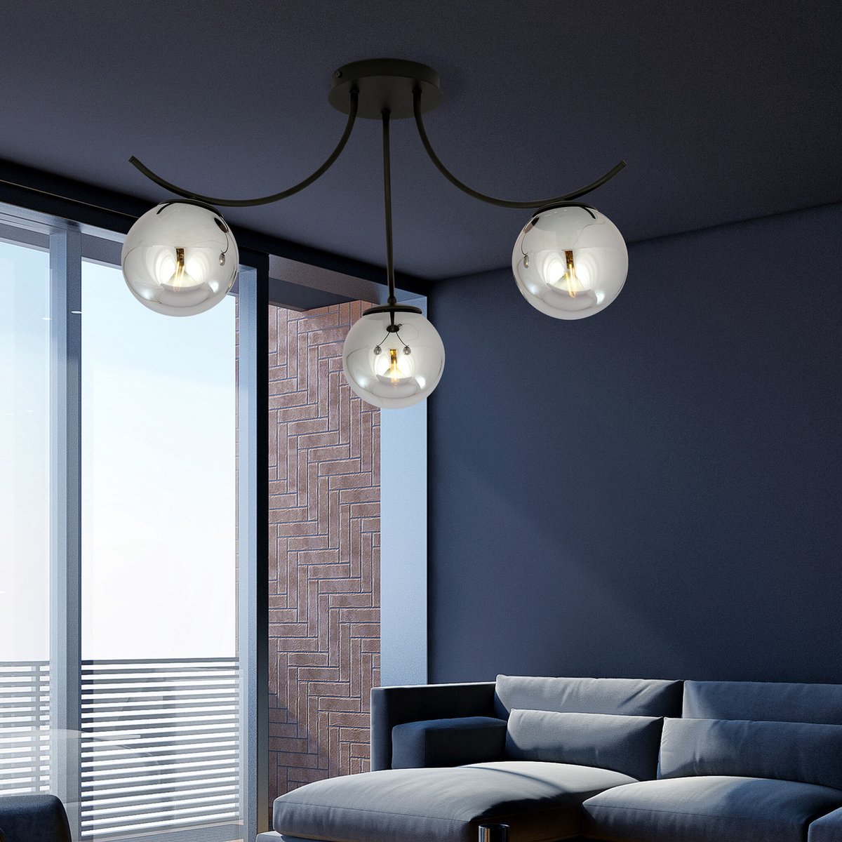 Emibig Kopenhagen plafond lamp zwart met 3 gerookte glazen bollen - Perfecte verlichting voor een modern interieur