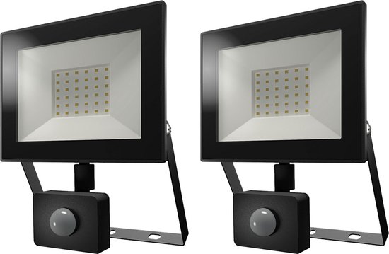 HOFTRONIC - Set van 2 LED Buitenlamp met sensor - IP65 waterdichte LED Breedstraler - OSRAM Chips 30 Watt 2880lm - 4000K Neutraal wit licht - Vervangt 160W - 2 jaar garantie - LED Schijnwerper