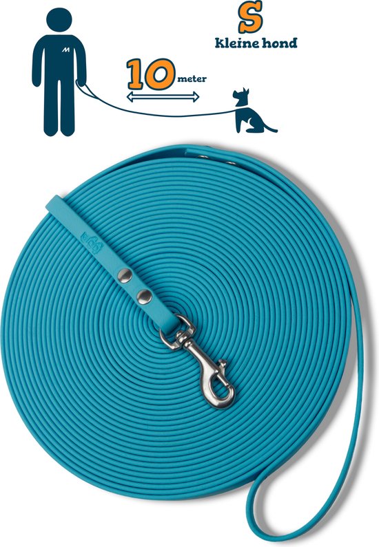 Miqdi lange lijn - BioThane – lichtblauw - 10 meter lang – 9mm breed – XS/S – kleine hond – lange hondenriem