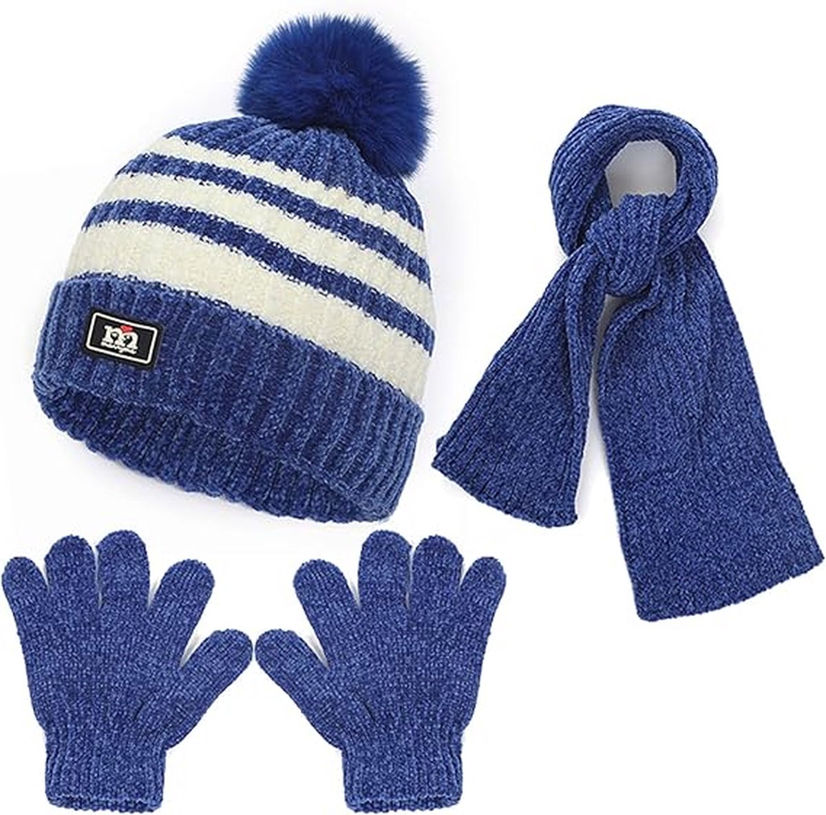 Winter set voor kinderen - 2 tot 8 jaar - Blauw - 3 stuks - Handschoenen, pom pom muts, sjaal - 3-delige set - Black Friday 2023 - Kerstcadeau