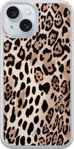 Casimoda® hoesje - Geschikt voor iPhone 15 - Luipaard print bruin - 2-in-1 case - Schokbestendig - Luipaardprint - Verhoogde randen - Bruin/beige, Transparant