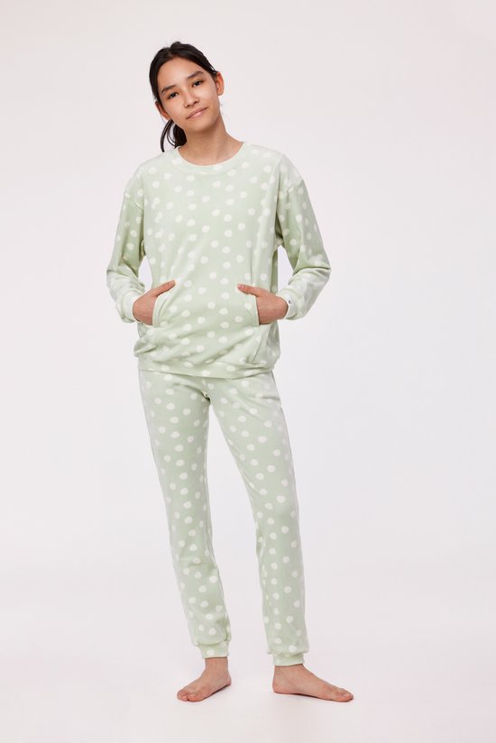 Woody Studio pyjama velours meisjes/dames - muntgroen - bolletjes - 232-12-YPE-V/957 - maat 152