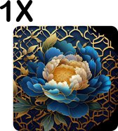 BWK Flexibele Placemat - Blauw met Gouden Bloem - Kunstig - Set van 1 Placemats - 50x50 cm - PVC Doek - Afneembaar