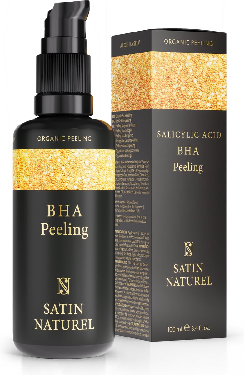 Satin Naturel Salicylic Acid Peeling (BHA) - Vegan Exfoliant Salicylzuur om mee eters te verwijderen, blackhead remover, acne en puisten te verhelpen, verkleint de poriën, op basis van aloe vera, 100 ml