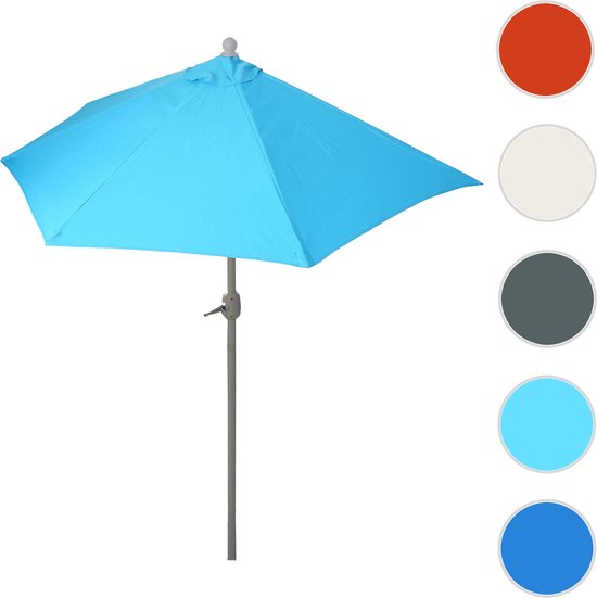 Turquoise halfronde parasol met grijze stok. Kleuropties: rood, crème, grijs, turquoise, blauw.