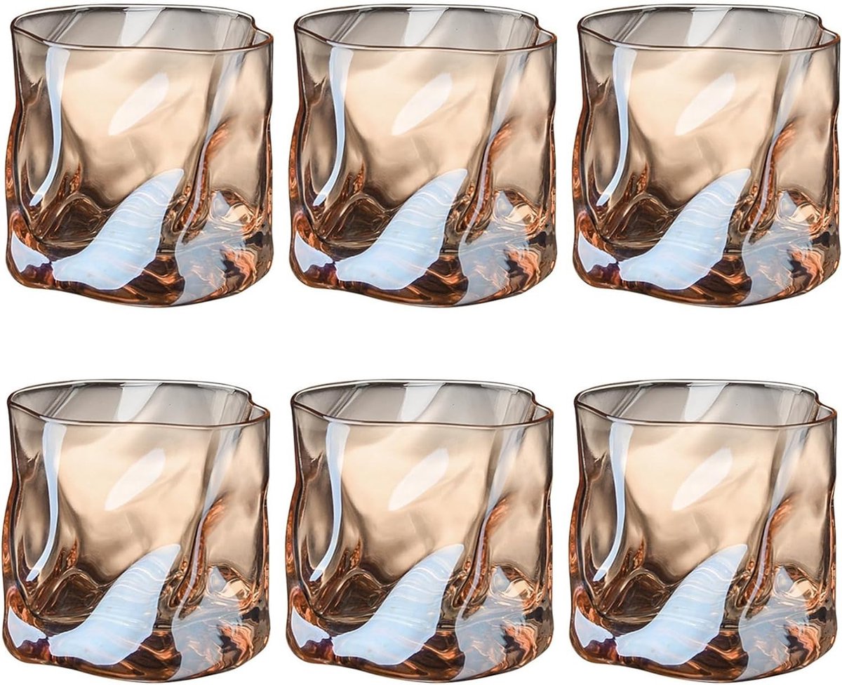Glazenset 6-delig 200 ml onregelmatige kristallen whiskyglazen drinkglazen ijskoffieglazen cocktailglazen longdrinkglazen water thee koffie sap vaatwasmachinebestendig bruin