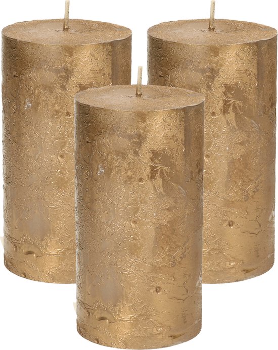 Stompkaars/cilinderkaars - 3x - goud - 7 x 13 cm - rustiek model