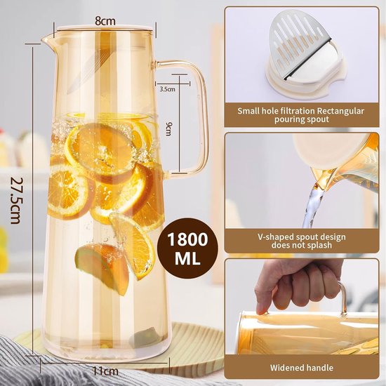 Titel: Glazen Karaf Met Deksel 1.8 Liter - Lekvrije Kan - Grote Karaf Voor Ijsthee Waterkan Van Borosilicaatglas Voor Water En Sappen