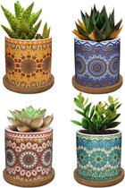 Keramische vetplantenpotten, 4 stuks, 7 cm, cactusplant, potten, mini-bloempottenset met bamboe onderzetter, miniatuurplantencontainer,