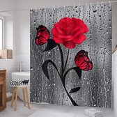 Waterdicht douchegordijn SC018, grote rode bloem en vlinder, zwarte bloementak, gesimuleerd metaal, grijs glas, raamdecoratie voor badkamer, 180 x 180 cm