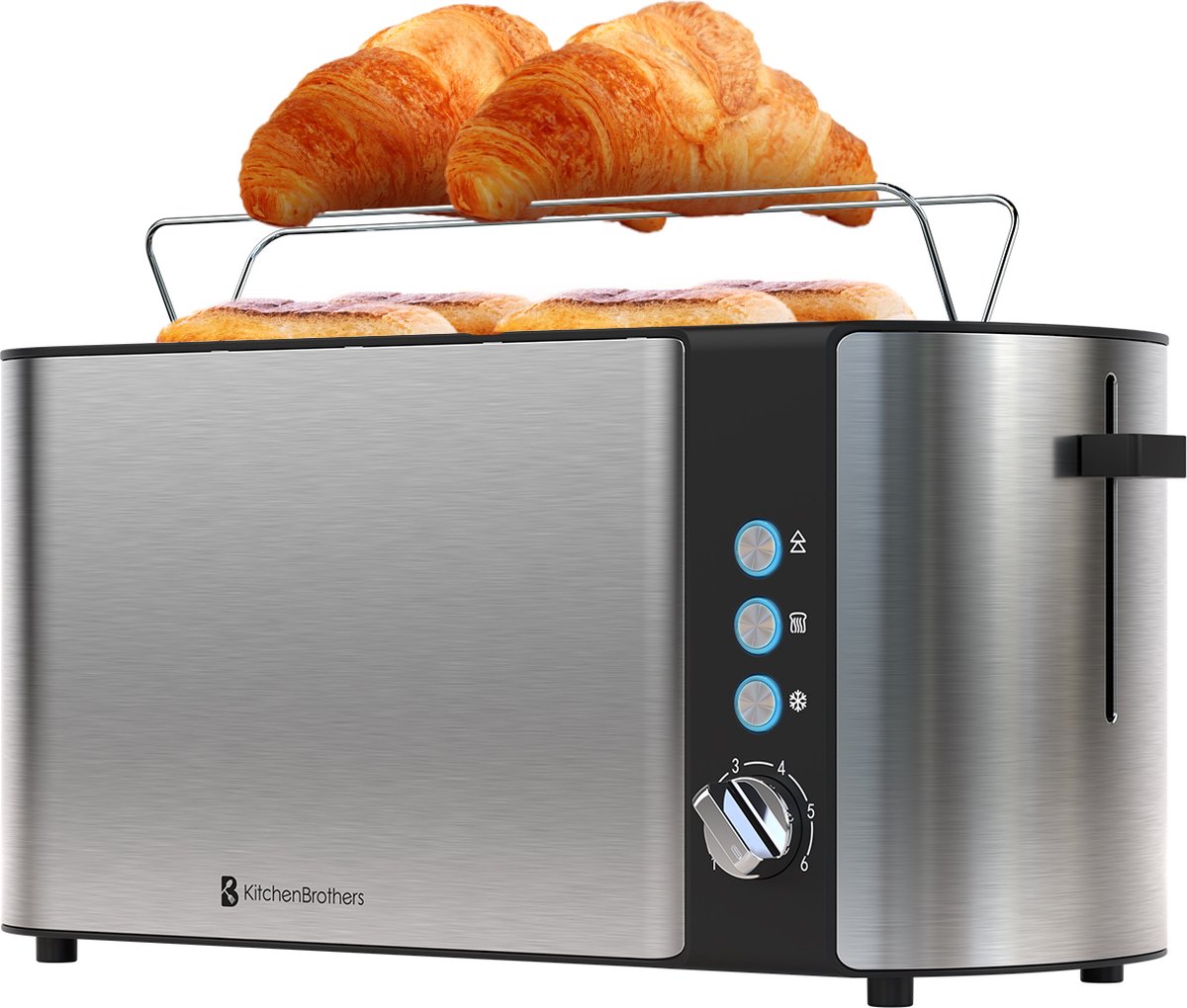 KitchenBrothers Broodrooster - Toaster - 6 Warmteniveaus - 2 Extra Lange Sleuven - 1520W - RVS/Zwart - KitchenBrothers