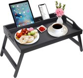 Breakfast Tray with Handles, Collapsible Legs, Bamboo Bed Tray with Media Slot, Foldable Tray, Laptop Desk, Snacks, TV Bed Tray Kitchen Serving Platter Tray (Black)