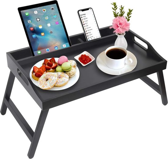 Media Code Tray Breakfast Tray with Handles, Collapsible Legs, Bamboo Bed Tray with ...