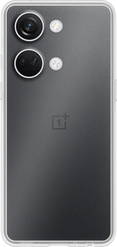Donkergrijze, doorschijnende telefoonhoes voor OnePlus Nord 3 met een witte rand.