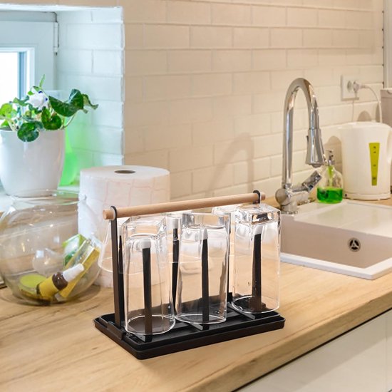 thumbnail: Flessenhouder Voor SodaStream & Glazen - 6-delige Afdruipstandaard Met Lekbak, Zwart Metaal