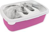 Broodtrommel Roze - Lunchbox Paard - Dieren - Portret - Wit - Brooddoos 18x12x6 cm - Brood lunch box - Broodtrommels voor kinderen en volwassenen