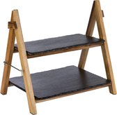 Serveerrek/etagère – 2-traps frame van acaciahout met twee leistenen platen – inklapbaar, afwasbaar – ook geschikt voor koude gerechten en voor het koelen
