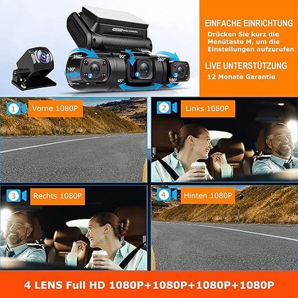 Yabdbg Dashcam Quad camera 1080p Full HD GPS 360 degrés