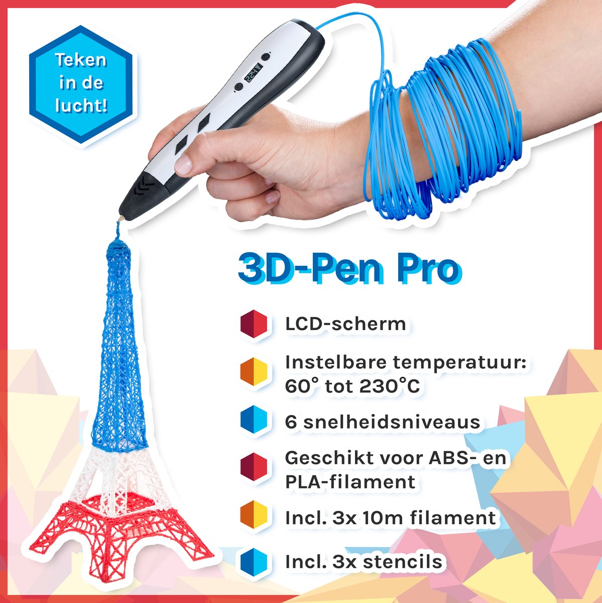 3Dandprint 3D Pen Starter Package Red - Comprend un filament de 50 mètres -  5 pochoirs