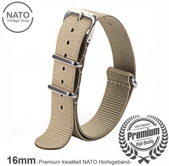 Bracelet de montre élégant 16 mm Premium Nato Kaki Créme : découvrez le Look Vintage de James Bond ! Perfect pour les hommes, de notre collection exclusive de bracelets Nato !