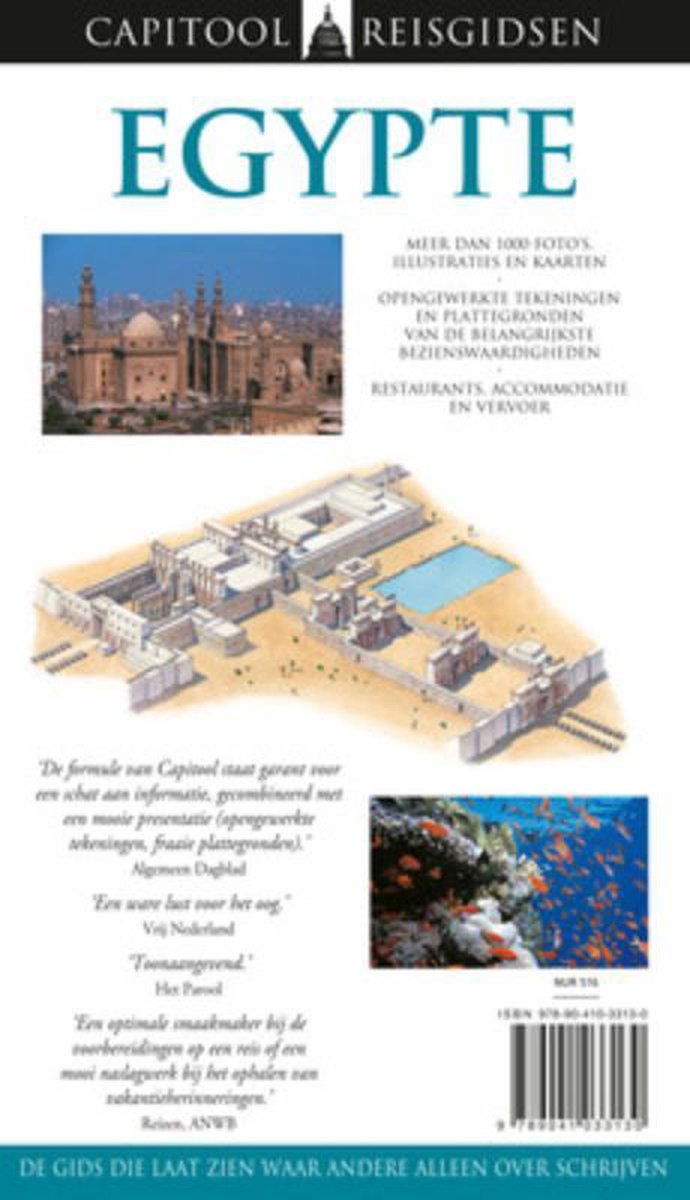 Achterkant van de Capitool Reisgids Egypte met Cairo, een tempelcomplex en een koraalrif met vissen.