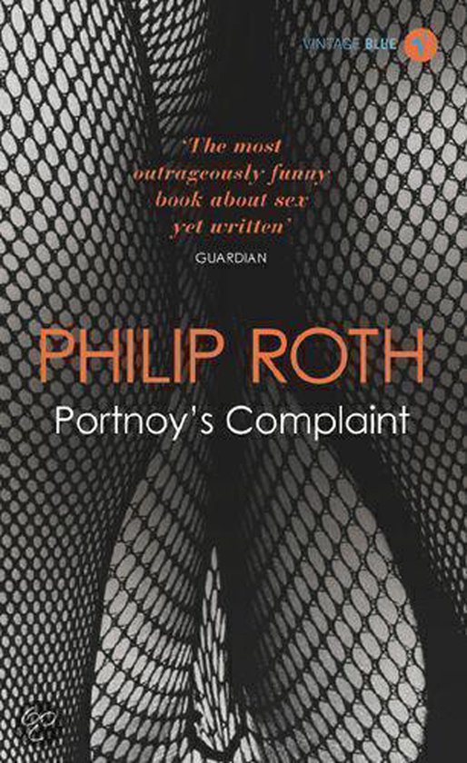 Boek "Portnoy's Complaint" van Philip Roth, met een visnetpatroon op de voorkant.