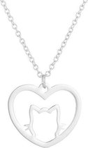 24/7 Jewelry Collection Kat Hart Ketting - Hartje - Poes - Open - Zilverkleurig