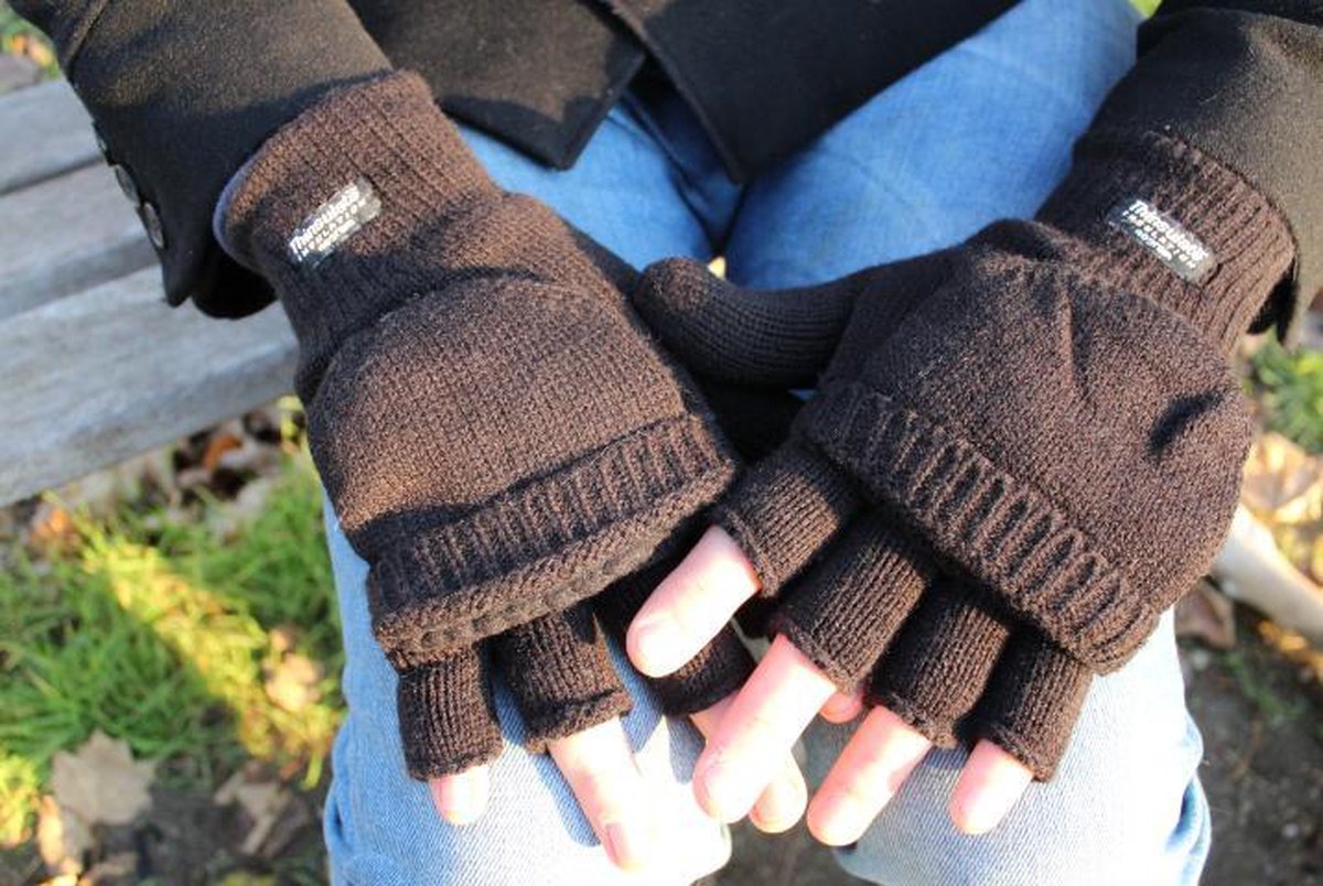 heren gebreide Thinsulate handschoenen zonder vingers met flap/zwart/  one-size/h9036. | bol