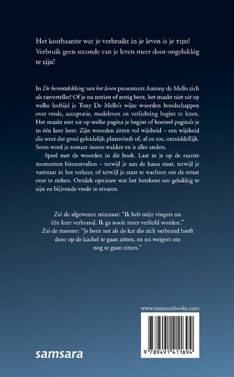 Achterkant van het boek 'De herontdekking van het leven' met tekst en Samsara logo.