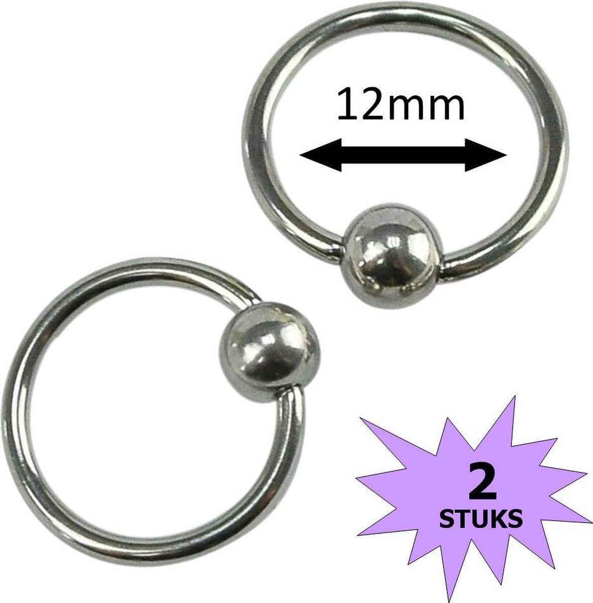 Fako Bijoux® - Ball Closure Piercing - Ring - 12mm - Zilverkleurig - 2 Stuks - Fako Bijoux®