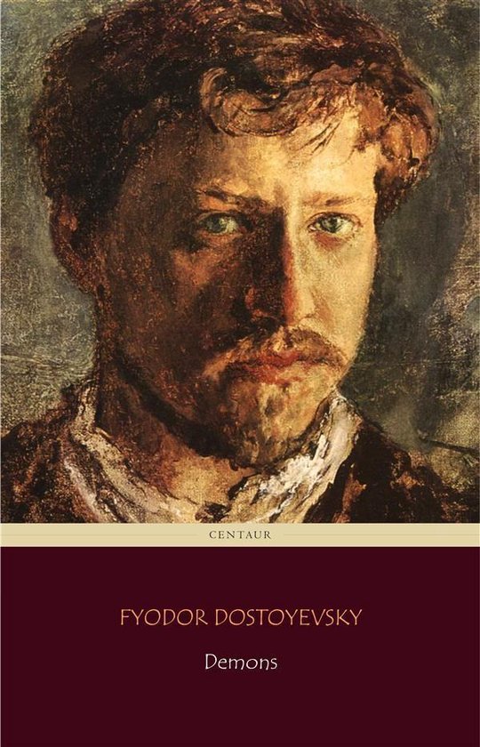 Boekcover van 'Demons' van Fyodor Dostoyevsky, met een schilderij van een man.
