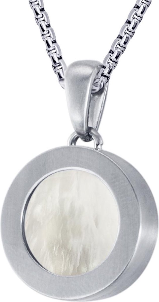 Quiges 12mm Mini Munt Hanger Zilverkleurig RVS Mat met Schelp Beige Munt en Box Ketting Ankerketting 42-46cm