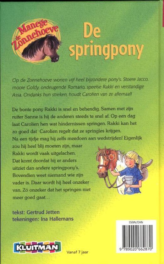 Achterkant boek 'De springpony', met tekst over pony's en een illustratie van een meisje met een trofee en een pony.