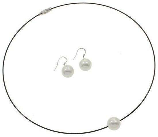 Mother of pearl parel set Wire Shinny Ball White - parelketting + parel oorbellen - wit