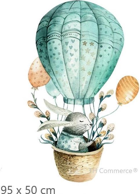 Muursticker Dieren voor Slaapkamer Woonkamer Kinderkamer Huiskamer - Wanddecoratie TH Commerce - Konijn Konijntje in ballon luchtballon nr. 18355