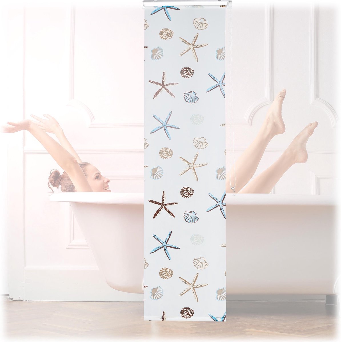 Relaxdays doucherolgordijn Ocean - douchegordijn met rolsysteem - schelpen design - 60x240cm