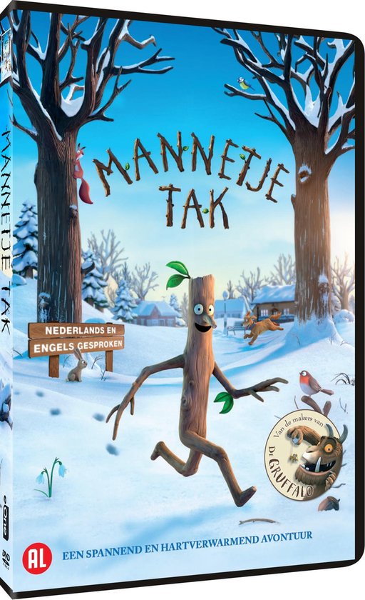 De DVD-hoes van Mannetje Tak toont de vrolijke houten figuur in de sneeuw. Titel 'Mannetje Tak' in de lucht. Bordje 'Nederlands en Engels gesproken'.